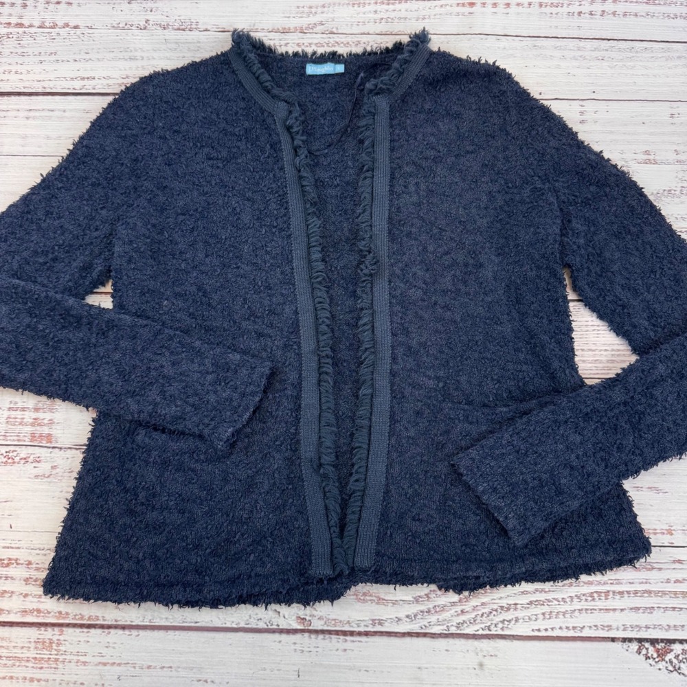 J McLaughlin Navy Blue Textured Knit Open Front Cardigan Jacket Fringe Detail  S